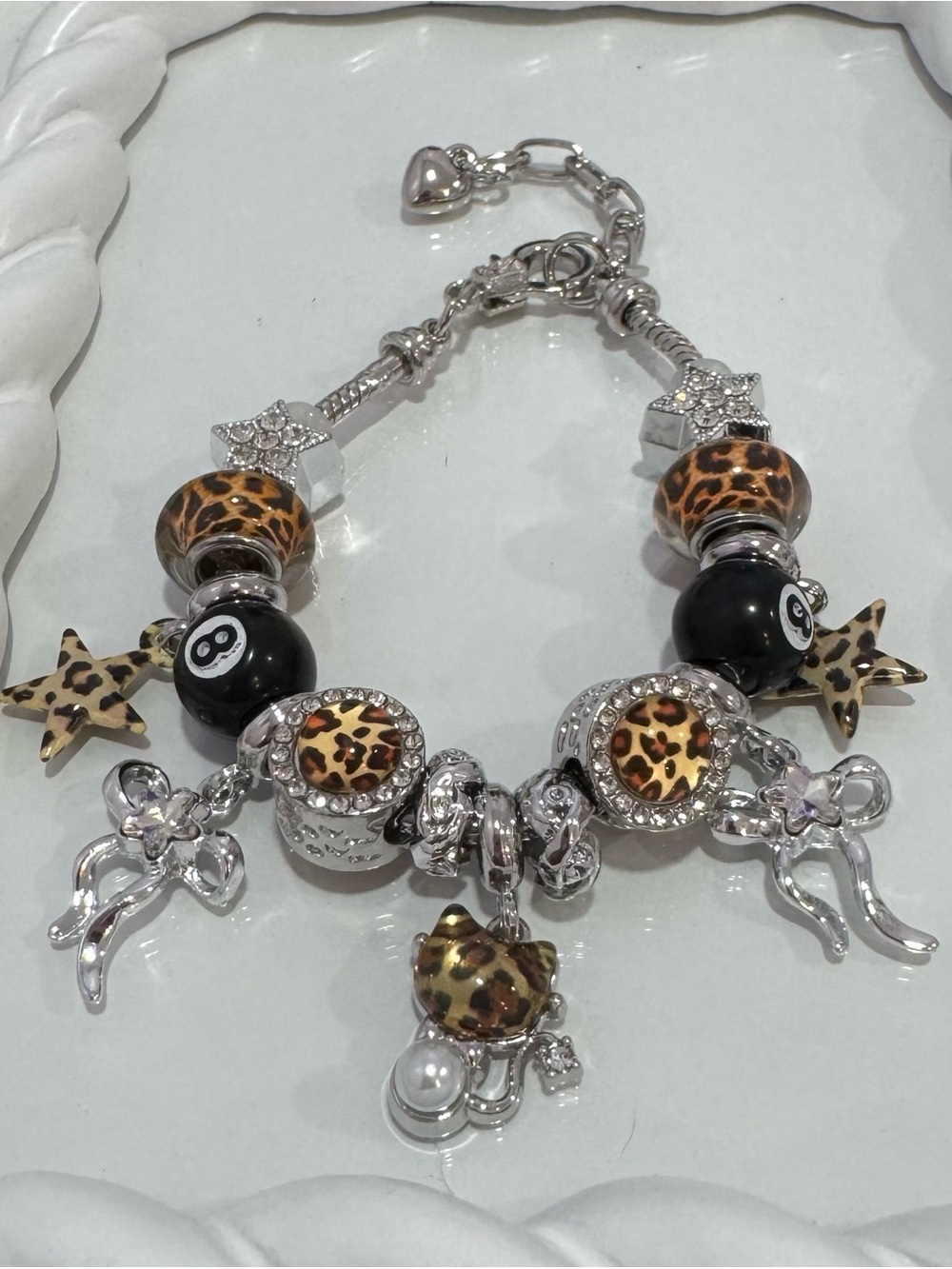 New Stainless Steel Leopard Print Charm Bracelet  7 inches plus extender